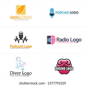 Black brown pink line art badge logo design brain template vector microphone people suitable for entertainment business sound podcast diver