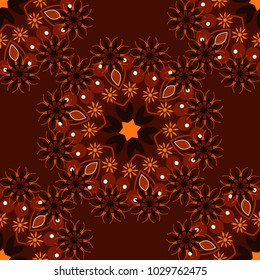 Black, brown and red texture with Swirls, Mandalas, Doodle Flowers and Leaves, Deco Elements. Vector colored seamless pattern with Mandalas and floral ornament.