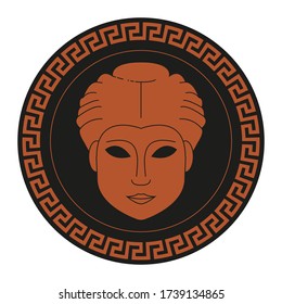 Black and brown vintage Ancient Greek abstract female face round shield with meander frame vector illustration