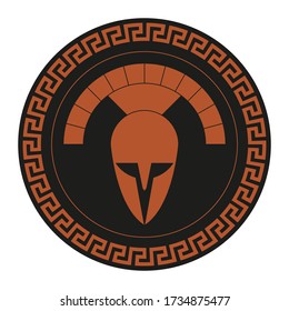 Black and brown vintage Spartan shield with meander round pattern and a Corinthian helmet face illustration vector