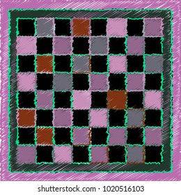 Black, Brown, Violet and Pink Embroidered Chessboard with Violet Border
