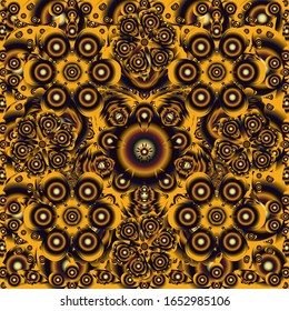 Black, brown and yellow seamless pattern good for greeting card for birthday, invitation or banner. Vector illustration. Medieval floral royal pattern. Decorative symmetry arabesque.