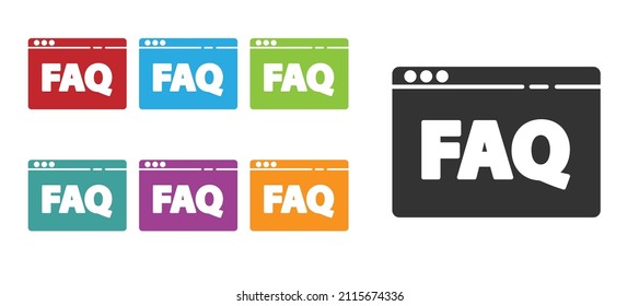 Icono de preguntas frecuentes del navegador negro aislado en fondo blanco. Protocolo de comunicación por Internet. Indique los iconos en colores. Ilustración vectorial