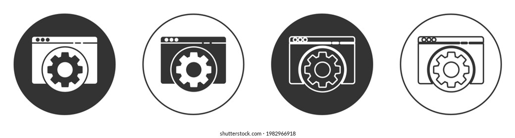 Black Browser setting icon isolated on white background. Adjusting, service, maintenance, repair, fixing. Circle button. Vector Illustration