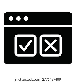 Black browser window with checkmark and cross icons simple web interface elements icon