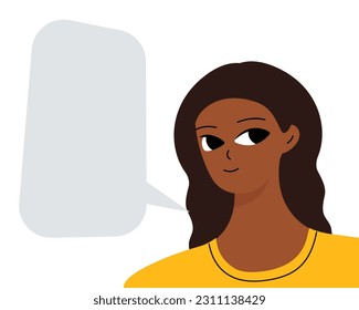 Black brunette reports information. Empty space for text, message. Smiling beautiful african woman in flat design
