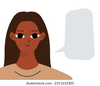 Black brunette reports information. Empty space for text, message. Smiling beautiful african woman in flat design
