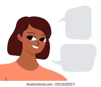 Black brunette reports information. Empty space for text, message. Smiling beautiful african woman in flat design
