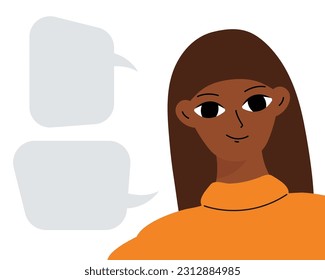 Black brunette reports information. Empty space for text, message. Smiling beautiful african woman in flat design
