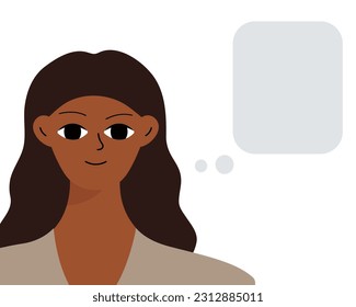 Black brunette reports information. Empty space for text, message. Smiling beautiful african woman in flat design
