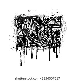 Black brush calligraphy symbols pattern isolated on white background with ink blots splashes