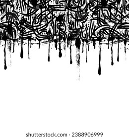 Black brush calligraphy symbols pattern isolated on white background with ink blots splashes
