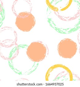 Black Brush Circle. Vector Seamless Pattern. Color Ornament. White Abstract Background With Watercolor Fall Chaotic Shapes. Modern Soft Textile. Chalk Brush Rounds, Confetti.
