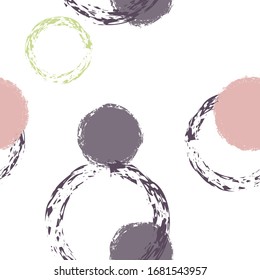 Black Brush Circle. Vector Seamless Pattern. Vivid Decor. White Abstract Background With Watercolor Fall Chaotic Shapes. Trend Artistic Textile. Chalk Brush Rounds, Confetti.
