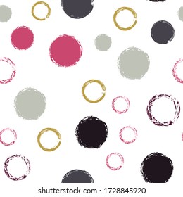 Black Brush Circle. Vector Seamless Pattern. Vivid Illustration. White Abstract Background With Watercolor Fall Chaotic Shapes. Summer Pastel Textile. Chalk Brush Rounds, Confetti.
