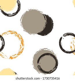 Cercle de pinceau noir. Motif vectoriel sans joint. Décoration Couleur. Arrière-Plan Abstrait Blanc Avec Des Formes Chaotiques De Chute D'Aquarelle. Emballage Artistique Moderne. Arrondissement De Brush, Confetti.
