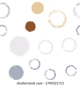 Black Brush Circle. Vector Seamless Pattern. Bright Design. White Abstract Background With Watercolor Fall Chaotic Shapes. Summer Artistic Giftwrap. Chalk Brush Rounds, Confetti.
