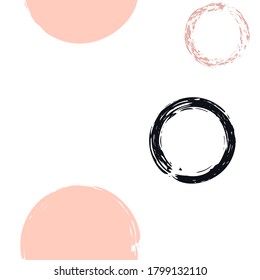 Black Brush Circle. Vector Seamless Pattern. Colorful Ornament. White Abstract Background With Watercolor Fall Chaotic circle Shapes. Summer Pastel Textile. Chalk Brush Rounds, Confetti.
