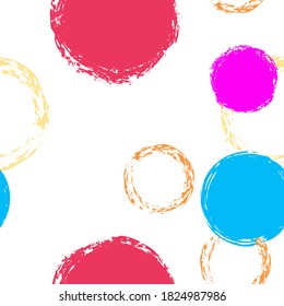 Black Brush Circle. Vector Seamless Pattern. Colorful Design. White Abstract Background With Watercolor Fall Chaotic Shapes. Grunge Retro Fabric. Chalk Brush Rounds, Confetti.
