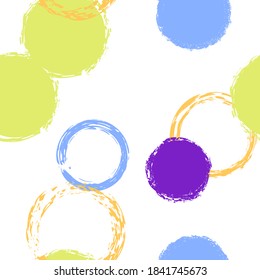 Black Brush Circle. Vector Seamless Pattern. Colorful Ornament. White Abstract Background With Watercolor Fall Chaotic Shapes. Modern Retro Textile. Chalk Brush Rounds, Confetti.
