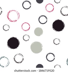 Black Brush Circle. Vector Seamless Pattern. Colorful Illustration. White Abstract Background With Watercolor Fall Chaotic Shapes. Summer Pastel Surface. Chalk Brush Rounds, Confetti.
