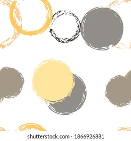 Black Brush Circle. Vector Seamless Pattern. Bright Dotted Pattern. White Abstract Background With Watercolor Fall Chaotic Shapes. Simple Pastel Giftwrap. Chalk Brush Rounds, Confetti.
