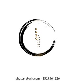 Black Brush Enso Symbol With Gold Patine Elements. Logo Premium Vector Design. Enso Symbol. Chinese Brush Stroke Circle. Gold and Black Round Shape. Hand Paint