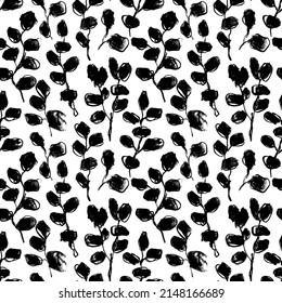 Black brush eucalyptus branches vector seamless pattern. Hand drawn black herbs and plants. Natural leaves and branches hand painted by brush. Vector tropical plants ornament with grunge texture.