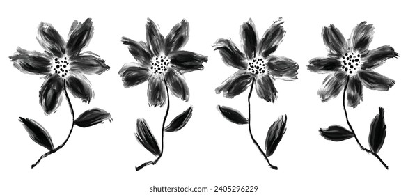 Black brush flower silhouette set in brush texture. Spring flowers hand drawn vector set.