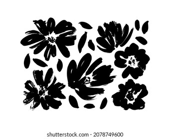 Black brush flower silhouettes. Roses, peonies, chrysanthemums isolated cliparts. Floral drawings collection. Leaves and buds stencil silhouettes. Grunge dry paint brushstrokes isolated on white.