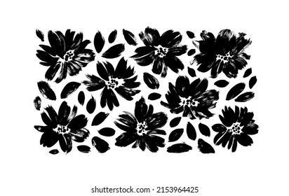 Black brush flower silhouettes. Spring flowers hand drawn vector set. Anemones, peonies, chrysanthemums isolated cliparts. Black brush flowers with leaves. Monochrome botanical illustration.