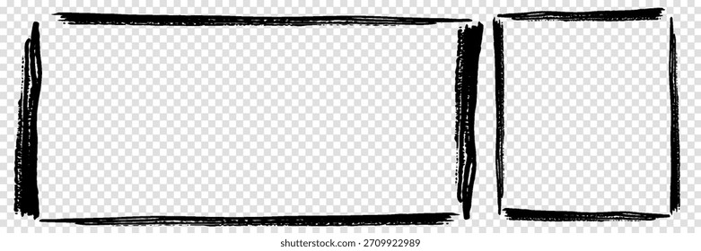 Marco de pincel negro. Anuncio de pintura de aerografía negro, fondo de estampado y bordes de textura de pintura en aerosol. Borde de plantilla rectangular abstracto de salpicadura de pincel. Conjunto de iconos de vector de fondo transparente