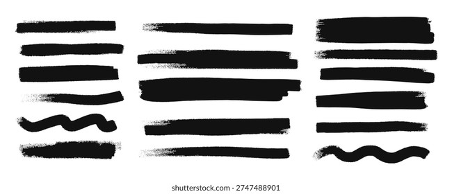 Black Brush Line Stroke Set. Paint Brush Stroke Stripe Highlight Kit. Texture Soft Line Ink Marker Collection. Grunge Vector Illustration in White Background