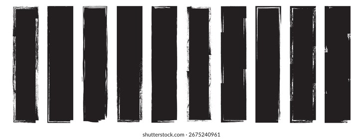 Marcas de pincel pretas. Traçado de pincel de textura grunge desenhado à mão e coleção de pincéis Grunge. Traços de pincel de Grunge. Manchas de aquarela, linhas marcadoras. Listras de carvão. 