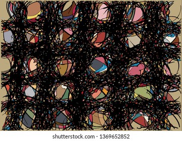 Black brush marks running parallel and crossing, forming wild, abstract grid