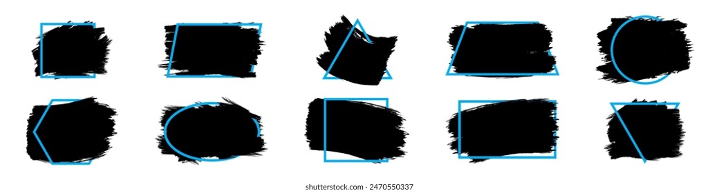 Black brush paint ink stroke design over blue frame. Grunge background template with geometric shapes. 
