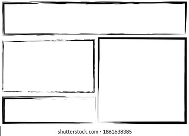 Black brush rectangles. Black frame. Ink border. Black boxes hand-drawn with a pencil. Stock image.