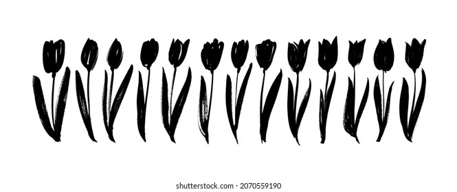 Black brush silhouettes of tulips. Floral clip art elements. Hand drawn dry brush style spring flowers. Black vector organic brushstrokes. Branches, leaves and buds. Collection of hand drawn tulips. 