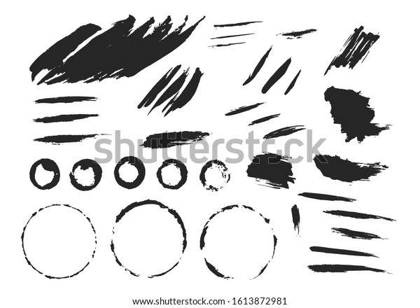 Black brush stamps, torn\
borders. Grunge paint lines and circles. Distressed banner. Vector\
isolated paintbrush set. Chinese rough box shapes. Stencil\
dividers.