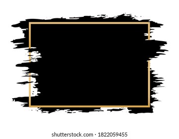 Black brush stroke. Abstract golden glittering textured frame. Dirty artistic design element, for text.Vector illustration.