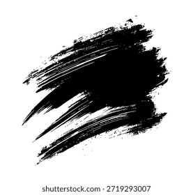 A black brush stroke appears on a plain white background. The brush stroke has a dynamic and expressive shape, created using vector graphics. It features various thicknesses and lengths, adding a sense of movement. This visual element can be used in different artistic projects, digital designs, or print materials. It offers a versatile option for artists seeking to enhance their work with a bold design.