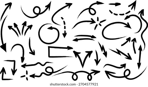 Black Brush Stroke Arrow Pack – Hand Drawn Doodle Arrow Elements Vector with Transparent Background