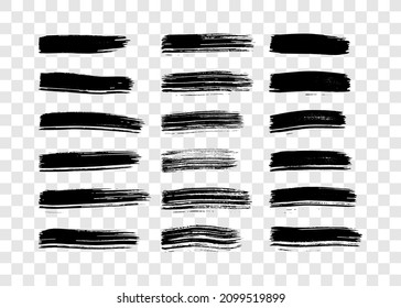 Schwarzer Pinselstrich. Große Menge handgezeichneter Tintenflecken einzeln auf transparentem Hintergrund. Vektorgrafik