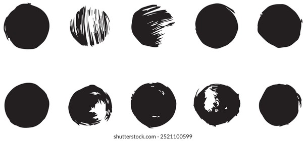 círculos de traçado de pincel preto com várias texturas em um fundo branco.