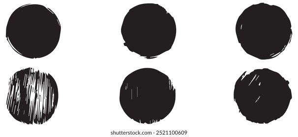 Círculos negros del trazo del pincel con diversas texturas en un fondo blanco.