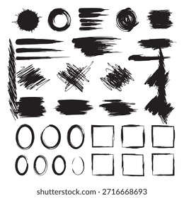 Schwarze Pinselstrichsammlung. Tintenspritzer. Handgezeichnete Grunge-Designelemente. Pinseltexturen malen. Künstlerische Schmutzspritzer.