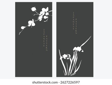 Black brush stroke element with cherry blossom flower and orchid flower background vector. Abstract art pattern texture