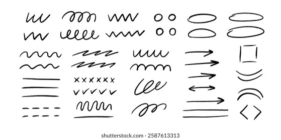 Black brush stroke element set. Scribbled stripes, lines and arrows collection. Hand drawn pen or pencil curly brushstrokes. Grunge charcoal swirls, waves, spirals and ellipses for emphasis. Vector