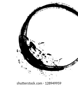 Black brush stroke in the form of a circle. Drawing created in ink sketch handmade technique. Isolated on white background.