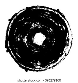 Black brush stroke in the form of a circle. Drawing created in ink sketch handmade technique. Isolated on white background.